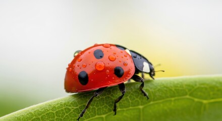 Obraz premium Macro photograph of a red ladybug with black spots covered in water droplets resting on a vibrant green leaf