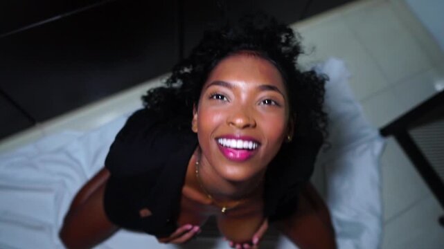 Funny Smiling Barbie Rous Female Model Posing For Camera in Black Jacket