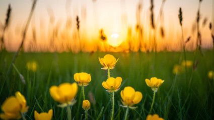 Warm sunset bathes a field of yellow buttercups in golden light
