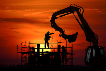 Workers and excavator silhouetted against a fiery sunset at a construction site