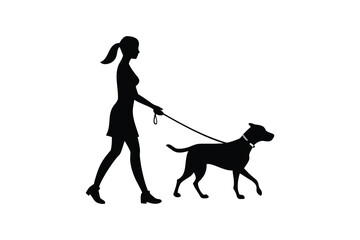 Woman Walking Dog on Leash in Black Silhouette Style Isolated on White Background Perfect for Pet Lovers and Graphic Designs silhouette