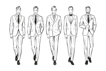 Stylish black and white fashion sketch of five men in formal suits, walking confidently in line, classic and modern look. © Chairul
