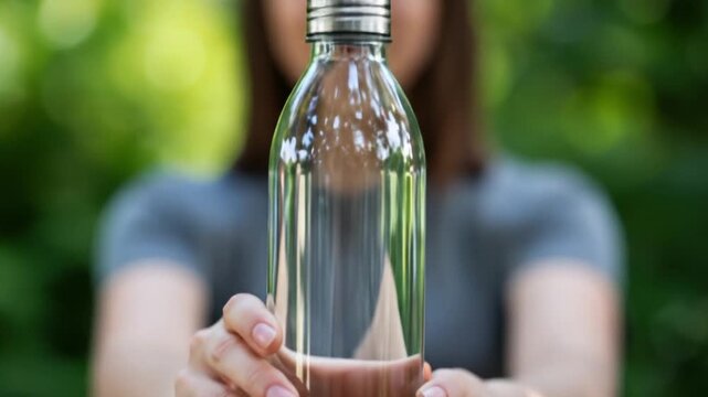 Person holding empty glass water bottle outdoors