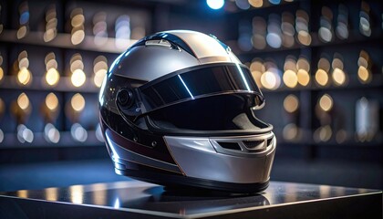 Exciting Formula 1 Racing Helmet on Display in Modern Showcase, Spotlighted in a Contemporary Environment