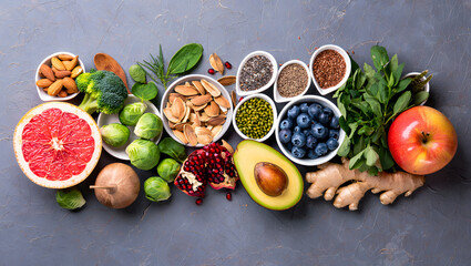 A colorful assortment of fresh fruits and vegetables are arranged for a healthy diet