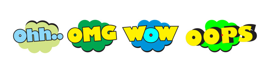 Comic speech bubbles set with different emotions and text OMG,WTF,BANG,WOW,OPP,OH YEAH