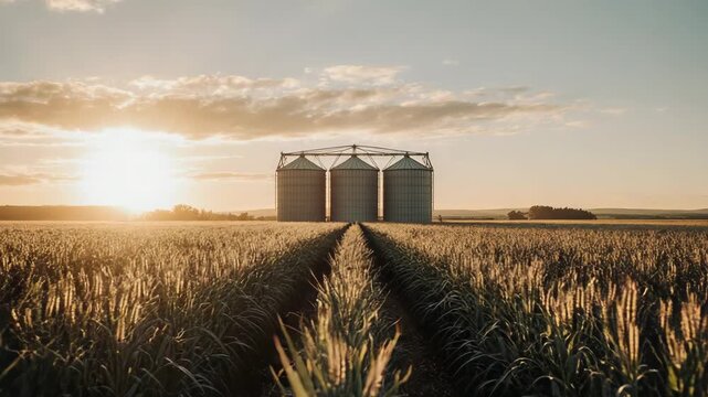 Golden wheat field with grain silos at sunset under a cloudy sky