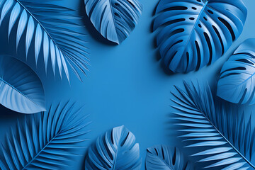 A blue background with tropical leaves creates a calming and exotic natural design