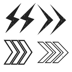 Hand-drawn Arrow and Lightning Bolt Graphic Design Elements:  Vintage, Grunge Style, Black and White Vector Illustration.