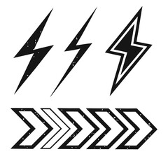 Bold Black Lightning Bolt and Chevron Arrow Icons: Grunge Style Graphic Design Elements