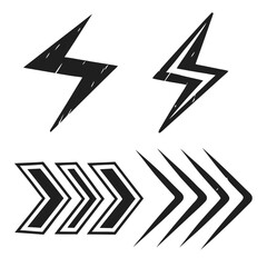 Hand-drawn grunge style lightning bolt and arrow icons; vector graphic design elements.