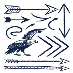 Hand-drawn Indigo Eagle and Arrow Collection: Tribal, Vintage, Graphic Design Elements