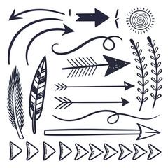 Hand-drawn Tribal Arrows, Feathers, and Floral Elements: Dark Ink Style Design Kit