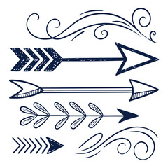 Hand-drawn navy blue arrow design elements; tribal, bohemian, southwestern style; whimsical, decorative, vector graphics.