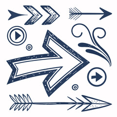 Hand-drawn Indigo Arrows, Play Buttons, and Flourishes:  Bohemian Design Elements