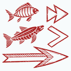 Rustic Red Fish and Arrow Icons:  Vintage Style Graphic Design Elements