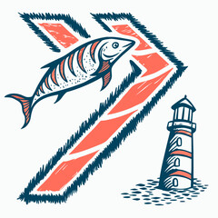 Hand-drawn illustration: Coastal scene featuring leaping fish, lighthouse, and stylized directional arrow; nautical, vintage style; adventurous mood.