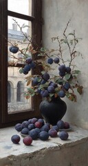 Plums in a dark vase on a windowsill.