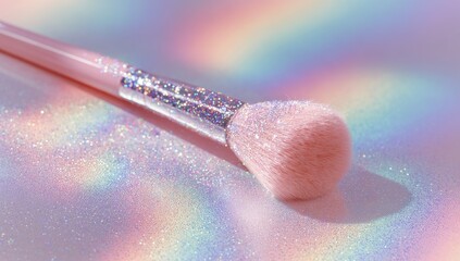Pink makeup brush with glitter, pastel backdrop