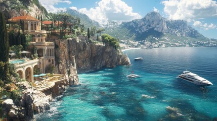 Luxury villa on a cliff overlooking a clear turquoise sea with yachts.