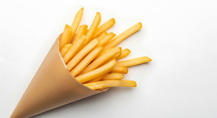 Golden french fries spilling from a brown paper cone potato
