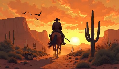 A cowboy silhouette rides a horse down a dusty trail at sunset, surrounded by cacti and mountains.