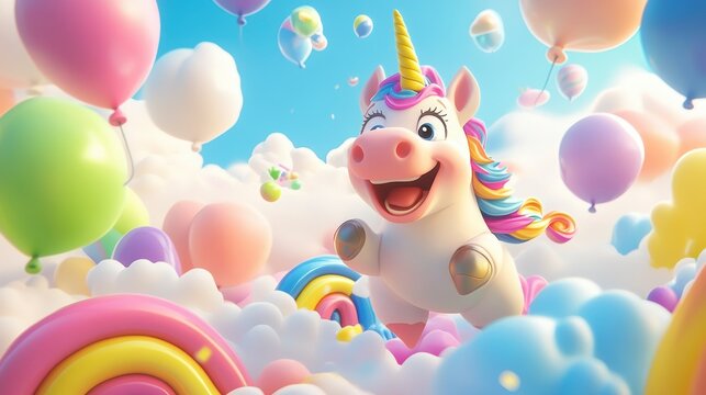 Joyful unicorn soaring amidst colorful balloons and rainbows in a dreamy sky. - Powered by Adobe