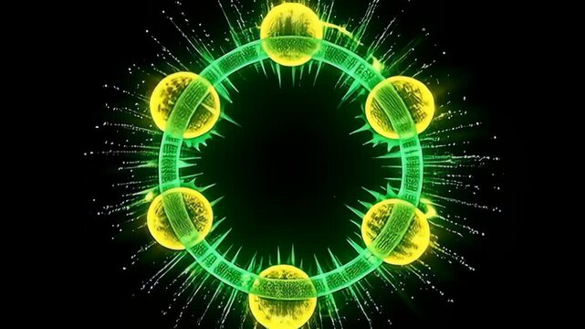 In a dynamic sequence, a circular molecule composed of neon particle clusters emerges, pulsating rhythmically with vibrant greens and yellows, where the clusters vibrate and expand as if