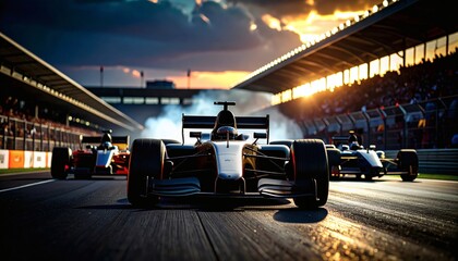 Formula 1 Race Start Action Scene, Racing Cars, Circuit Track, Hyper-Realistic Photography, Sunset, Front-Facing View, Speed Concept