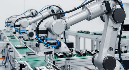 Robotic arms work on an automated assembly line, handling circuit boards in a factory setting.