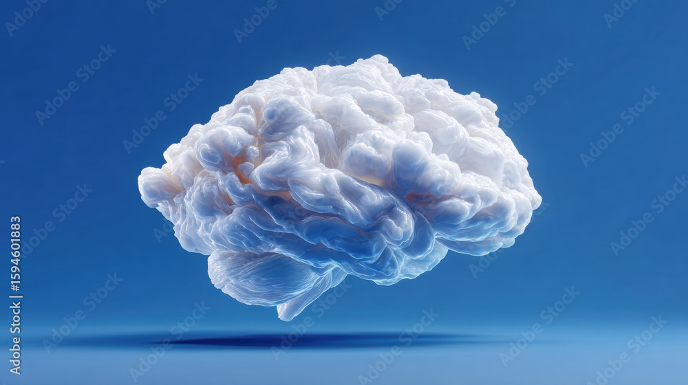 Poster abstract cloud shaped like brain floating in blue sky, symbolizing intelligence and creativity with 