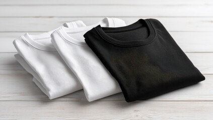 Three folded t-shirts, white and black, on a light wood surface
