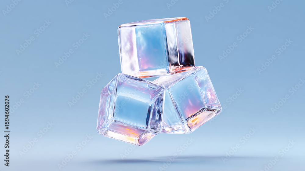 Poster three transparent ice cubes with colorful reflections float against soft blue background, creating c