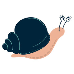 Smiling Snail With Dark Shell And Expressive Eyes. Adorable cartoon slug. Cute nature bug perfect for invitations, cards, posters, holidays, stickers
