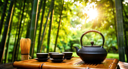 A teapot and cups on a bamboo tray in a bamboo forest.