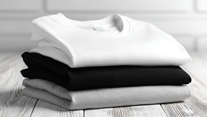Stacked white, black, and gray t-shirts on a light wooden surface