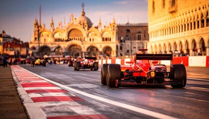Exciting Formula One Street Race Featuring Modern F1 Cars in Venice, Italy at Sunset
