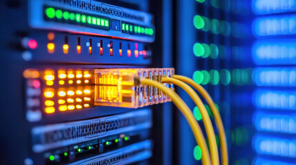 High tech fiber optic internet installation with glowing cables and server lights, showcasing modern connectivity