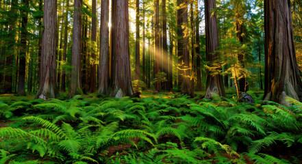 A forest filled with lots of tall trees and ferns.