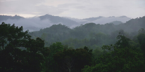 Obraz premium Raining over the greenery forest and hills