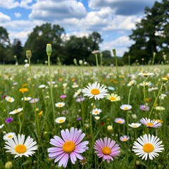 Obraz premium Vibrant meadow filled with colorful wildflowers under a bright blue sky with fluffy clouds