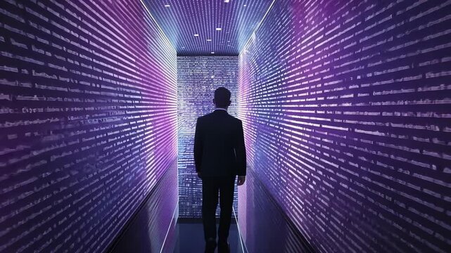 A business man in a suit and tie walking on lilac digital background