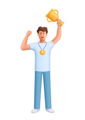 Young smiling man James celebrating a victory, holding a golden trophy and wearing a gold medal. Success, achievement, competition and motivation. 3d vector people character. Cartoon minimal style.