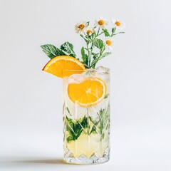 Refreshing citrus cocktail garnished with orange slices, mint, and daisies