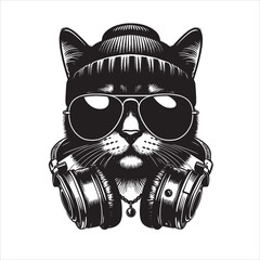 A black and white illustration of a cat wearing sunglasses and headphones