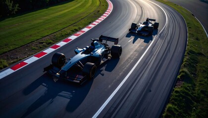 Formula 1 Cars Racing from Above on Track, High-Speed Action, Scenic Landscape, Dynamic Viewpoint, Thrilling Motorsport Environment