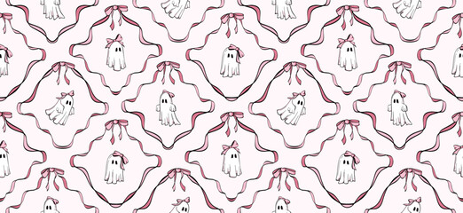 Seamless checkered pattern with cute hand drawn ghost characters wearing pink bows. Adorable girly spooky designs, vector illustrations for Halloween background, wallpaper. Vintage coquette aesthetic.