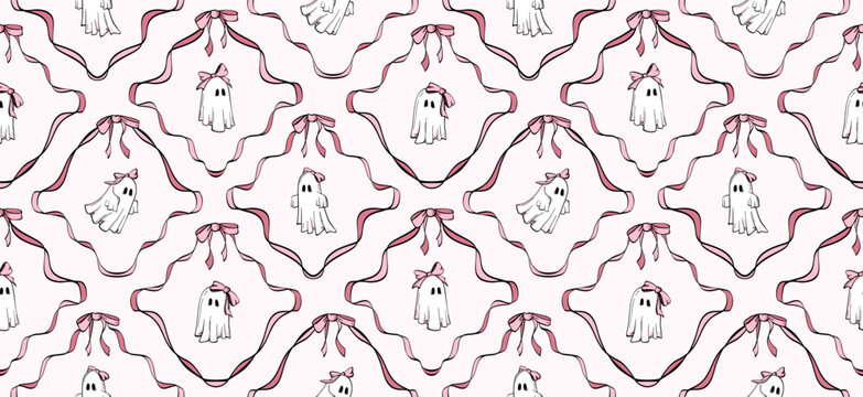 Seamless checkered pattern with cute hand drawn ghost characters wearing pink bows. Adorable girly spooky designs, vector illustrations for Halloween background, wallpaper. Vintage coquette aesthetic.