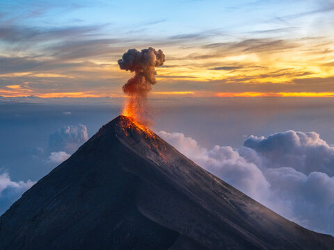 Volcan de fuego during an eruption at sunset