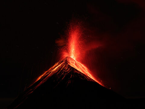 Volcan de Fuego on eruption at night